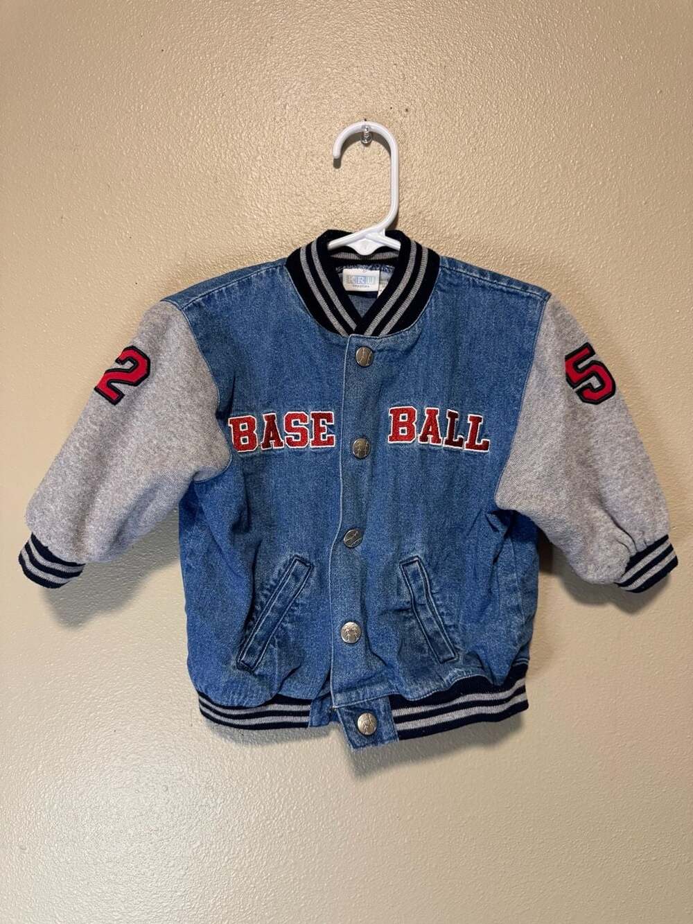 Vintage kids Kru Supplies Baseball Letterman Jacket Size 18 Mos Denim